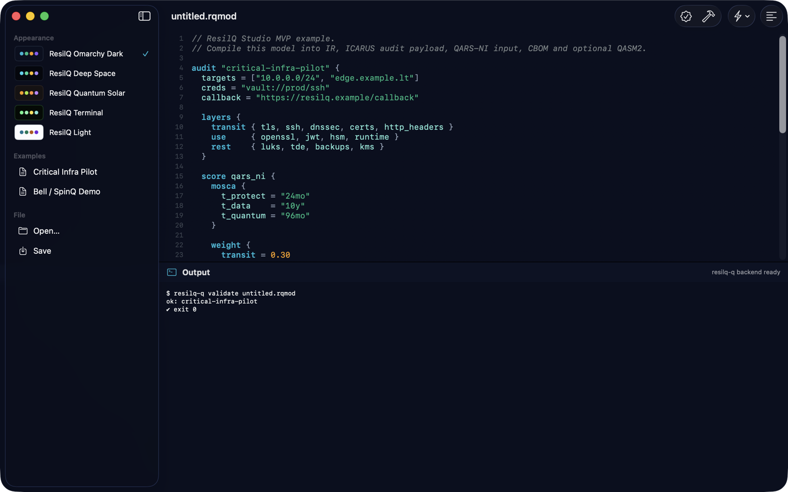 ResilQ Studio macOS app: the .rqmod editor with line numbers and ResilQ Omarchy Dark syntax highlighting, the theme picker, and the output panel showing a successful validate run.